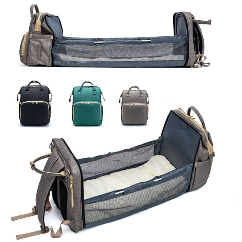 Sac à dos pliable multifonction avec matelas, disponible en plusieurs couleurs, idéal pour les mamans en déplacement.