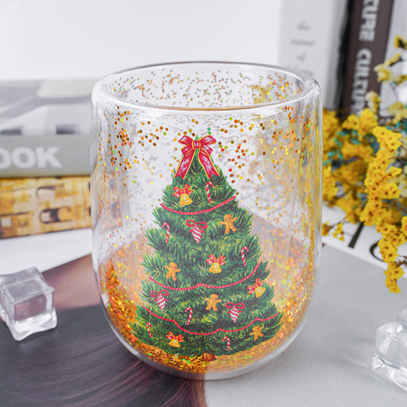 Christmas Tree Cups Heat Resistant Double Layer Flowing Sequins Christmas Cup Household Handwork Cartoon Christmas Trees Tumbler Kitchen Gadgets