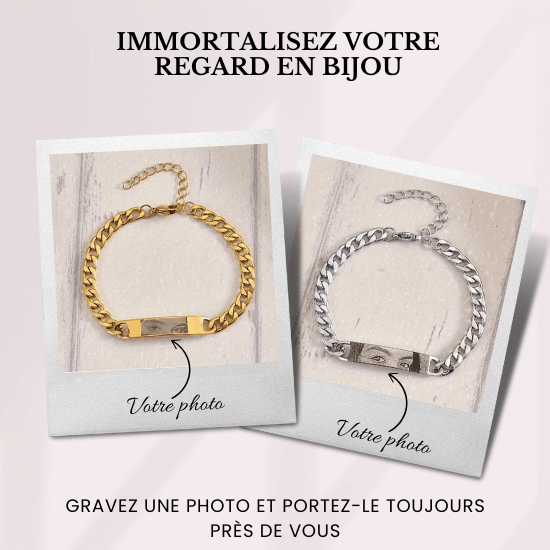 Bracelet photo gravé personnalisé, gravure de photo ou texte pour un souvenir unique et précieux, livré dans un coffret élégant.