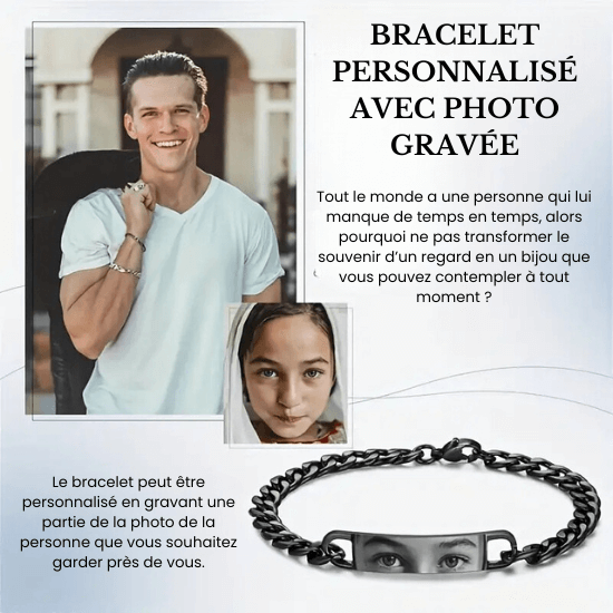 Bracelet photo gravé personnalisé, gravure de photo ou texte pour un souvenir unique et précieux, livré dans un coffret élégant.