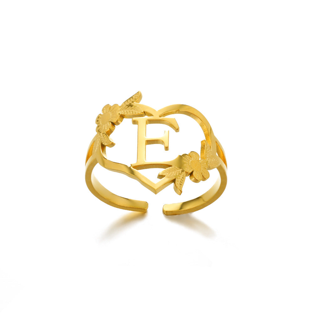 Bague ajustable en acier inoxydable 18K en forme de cœur avec lettres anglaises