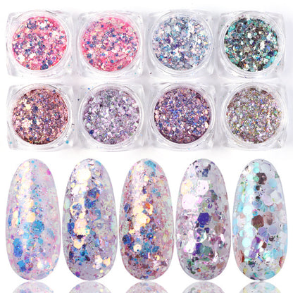 nsemble de Paillettes pour Art des Ongles - 8 Boîtes de Poudre et Flocons Mélangés