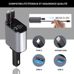 Chargeur de voiture rétractable 4-en-1 Quebekado avec réduction de 40%, offrant un rangement ordonné sans câbles emmêlés, chargement rapide jusqu'à 60W pour appareils multiples, technologie de protection avancée, angle ajustable, et compatibilité étendue avec les appareils iOS et Android.