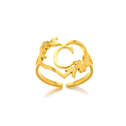 Bague ajustable en acier inoxydable 18K en forme de cœur avec lettres anglaises