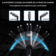 Chargeur de voiture rétractable 4-en-1 Quebekado avec réduction de 40%, offrant un rangement ordonné sans câbles emmêlés, chargement rapide jusqu'à 60W pour appareils multiples, technologie de protection avancée, angle ajustable, et compatibilité étendue avec les appareils iOS et Android.