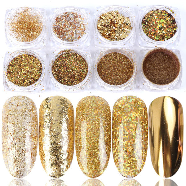 nsemble de Paillettes pour Art des Ongles - 8 Boîtes de Poudre et Flocons Mélangés