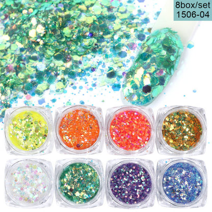 nsemble de Paillettes pour Art des Ongles - 8 Boîtes de Poudre et Flocons Mélangés