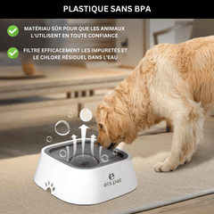 Bol d'Eau Anti-Renversement Quebecado pour chiens, avec design anti-éclaboussures et anti-poussière, facile à nettoyer, fabriqué en matériaux durables pour une hydratation sûre et hygiénique.