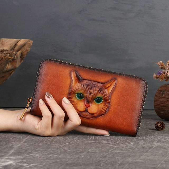 Porte-monnaie en cuir véritable embossé d'un design de chat de Quebekado.