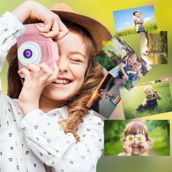Enfant souriant tenant l'Appareil Photo Enfant HD Quebekado™, prêt à capturer des moments mémorables.