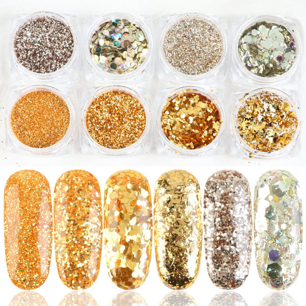 nsemble de Paillettes pour Art des Ongles - 8 Boîtes de Poudre et Flocons Mélangés