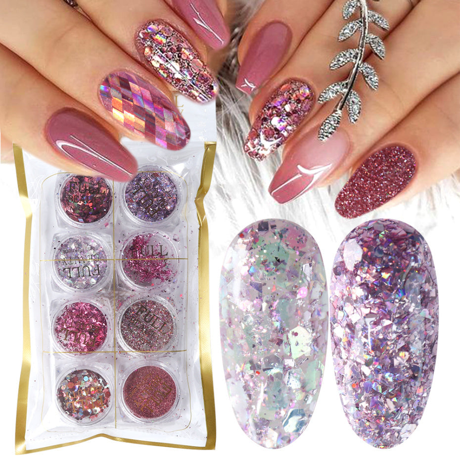 nsemble de Paillettes pour Art des Ongles - 8 Boîtes de Poudre et Flocons Mélangés