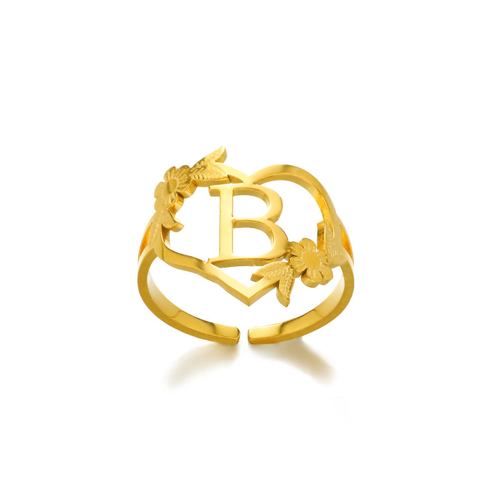 Bague ajustable en acier inoxydable 18K en forme de cœur avec lettres anglaises