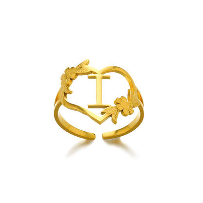 Bague ajustable en acier inoxydable 18K en forme de cœur avec lettres anglaises