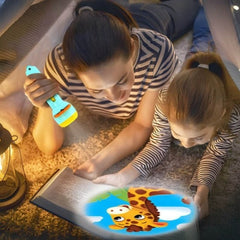 Lampe de projection éducative Quebekado montrant des images d'animaux, de fruits, et de véhicules pour les enfants.