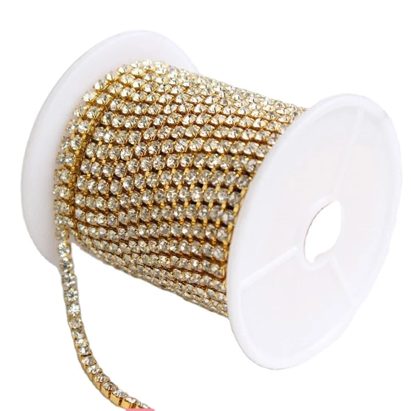 2024 Elastic Crystal Garment Accessories Silver & Gold Base Cup Chain with Rhinestone Trimming Adhesive Feature