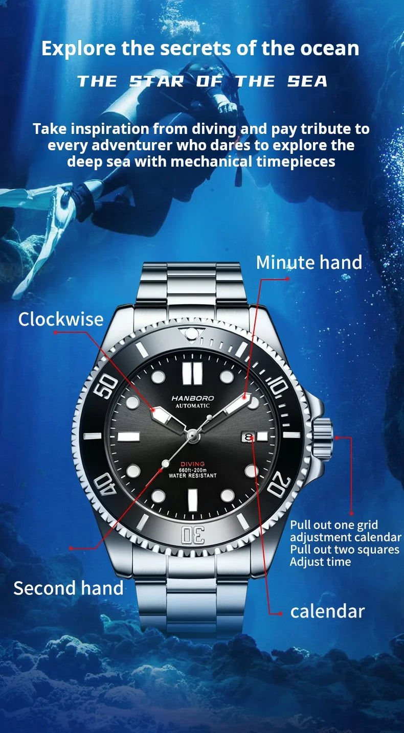Automatic Mechanical Luxury Blackwater Ghost Man Diving Watch Luminous Pointer Imported Movement Stainless Steel Band Waterproof