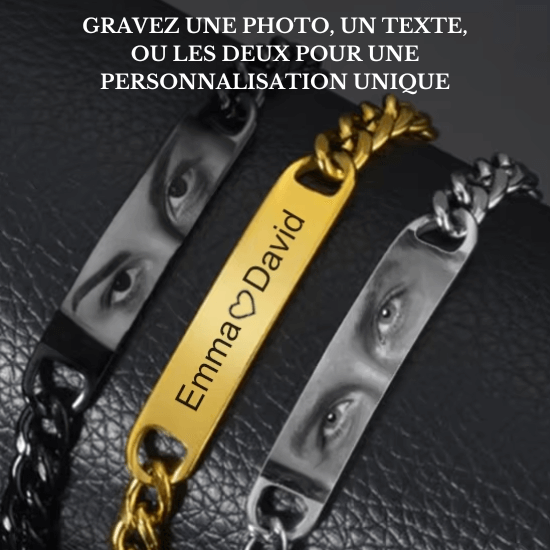 Bracelet photo gravé personnalisé, gravure de photo ou texte pour un souvenir unique et précieux, livré dans un coffret élégant.