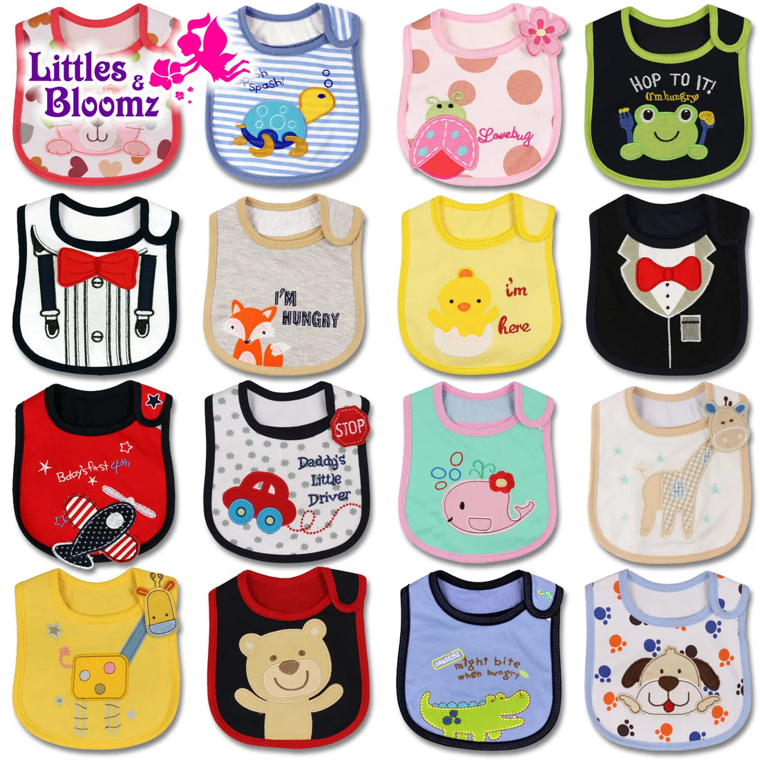 [Littles&amp;Bloomz] Baby Girl Boy Feeding Bibs Waterproof Apron Cartoon Towel Kids Toddler Dinner baberos Bandanas Burp Cloths