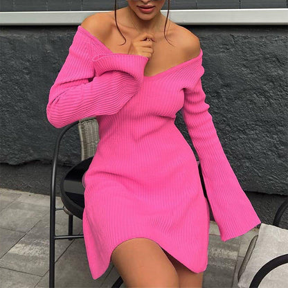 Sexy Slim V-Neck Long Sleeve Knitted Dress Fashion Tight High Elastic Ruffle A-Line Short Dresses Y2K Skirt Womens Clothing