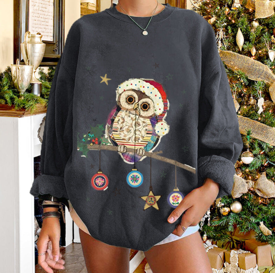 New Round Neck Printed Christmas Elk Owl Sweater