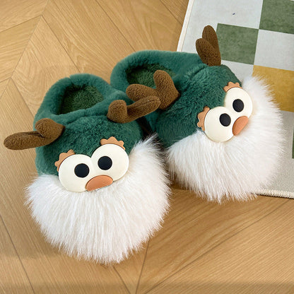 Cute Cartoon Christmas Deer Cotton Shoes Winter Indoor Floor Home Slippers Half-covered Heel Warm Plush Shoes Women