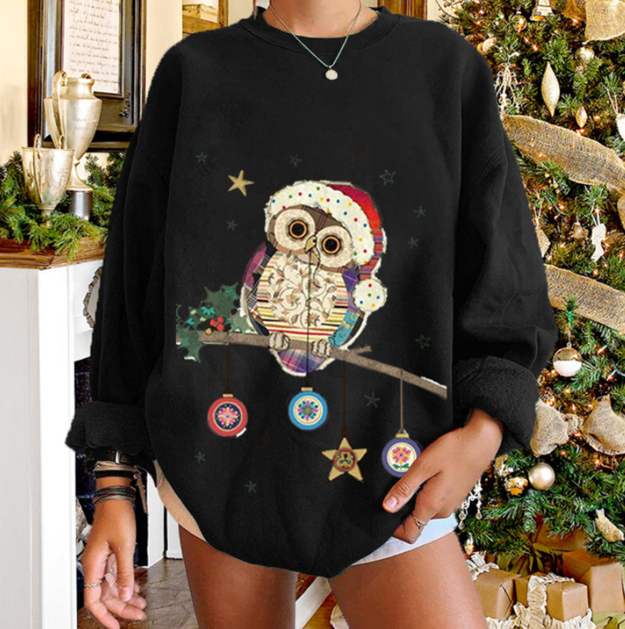 New Round Neck Printed Christmas Elk Owl Sweater